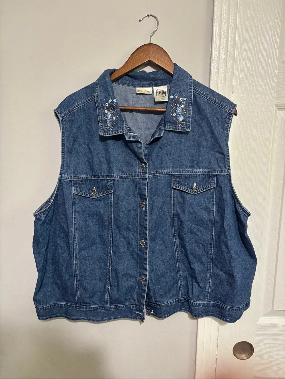 Vintage Bobbie Brooks Denim Vest Embroidered Floral 24 XXXL